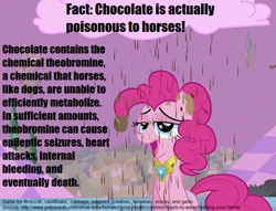 Size: 936x714 | Tagged: safe, screencap, pinkie pie, earth pony, pony, the return of harmony, buzzkill, chaos, chocolate, chocolate rain, cloud, cotton candy, cotton candy cloud, discorded landscape, drinking, element of laughter, fact, female, food, mare, open mouth, purple sky, rain, solo