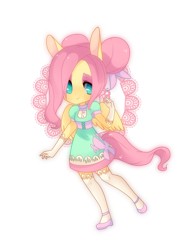 Size: 1000x1300 | Tagged: safe, artist:kronilix, fluttershy, human, chibi, clothes, cute, dress, eared humanization, evening gloves, gloves, humanized, looking at you, pony coloring, shyabetes, smiling, solo, tailed humanization, winged humanization