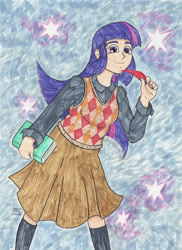 Size: 1275x1754 | Tagged: safe, artist:enigmaticthief, derpibooru import, twilight sparkle, human, book, clothes, feather, humanized, pixiv, skirt, solo