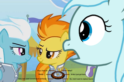 Size: 1088x720 | Tagged: safe, derpibooru import, edit, fleetfoot, spitfire, oc, oc:windy breeze, pegasus, pony, rainbow falls, dialogue wheel, implied shipping, implied soarin, looking at each other, wonderbolts