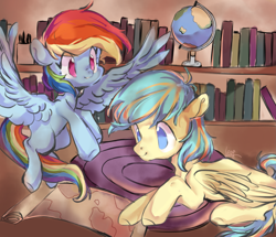 Size: 2251x1934 | Tagged: safe, artist:leafiness, derpibooru import, rainbow dash, oc, oc:lemonade candy, pegasus, pony, book, bookshelf, canon x oc, female, globe, male, map, rainmonade, shipping, straight