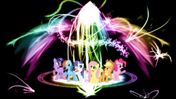 Size: 1920x1080 | Tagged: safe, artist:morningstar-1337, derpibooru import, edit, applejack, fluttershy, pinkie pie, rainbow dash, rarity, twilight sparkle, unicorn twilight, earth pony, pegasus, pony, unicorn, mane six, wallpaper, wallpaper edit