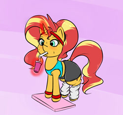 Size: 800x750 | Tagged: safe, artist:albertbm, sunset shimmer, pony, unicorn, equestria girls, clothes, cute, dock, drink, drinking, exercise, leg warmers, shimmerbetes, solo, sweat, sweatband, wristband