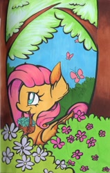 Size: 1872x2943 | Tagged: safe, artist:cutepencilcase, fluttershy, butterfly, pegasus, pony, basket, forest, mouth hold, solo, traditional art