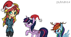 Size: 1720x910 | Tagged: safe, artist:great-5, rainbow dash, sunset shimmer, twilight sparkle, twilight sparkle (alicorn), alicorn, equestria girls, 2016, christmas, christmas 2016, hat, holiday, reindeer dash, rudolph dash, santa hat