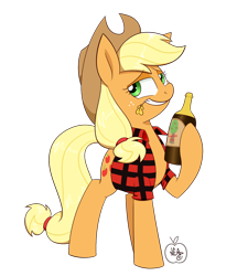 Size: 1102x1279 | Tagged: safe, artist:notenoughapples, applejack, earth pony, pony, bottle, cider, clothes, grin, plaid shirt, shirt, simple background, solo, straw, transparent background