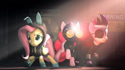 Size: 1920x1080 | Tagged: safe, artist:sourcerabbit, derpibooru import, fluttershy, pinkie pie, twilight sparkle, oc, oc:twily coda, earth pony, pegasus, pony, unicorn, 3d, bunny ears, clothes, dangerous mission outfit, eyepatch, female, future twilight, goggles, hoodie, mare, pinkie spy, source filmmaker