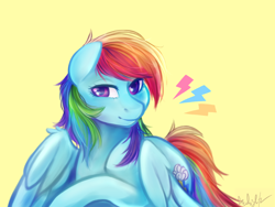 Size: 1024x768 | Tagged: safe, artist:archiblitz, derpibooru import, rainbow dash, pegasus, pony, simple background, solo, yellow background