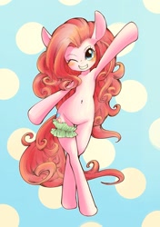 Size: 2039x2894 | Tagged: safe, artist:unousaya, pinkie pie, earth pony, pony, semi-anthro, armpits, belly button, bipedal, blushing, featureless crotch, garter, smiling, solo