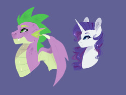 Size: 800x600 | Tagged: safe, artist:kraytt-05, rarity, spike, dragon, pony, unicorn, bust, duo, female, male, mare, older, older spike, profile, purple background, shipping, simple background, smiling, sparity, straight, winged spike