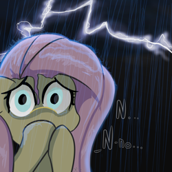 Size: 1750x1750 | Tagged: safe, artist:davierocket, fluttershy, pegasus, pony, crying, dialogue, lightning, rain, sad, solo, wet mane, wide eyes