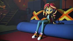 Size: 1920x1080 | Tagged: safe, artist:empireoftime, artist:razethebeast, sunset shimmer, better together, equestria girls, game stream, 3d, clothes, converse, gamer sunset, headset, looking at you, pants, shoes, sitting, sofa, solo, source filmmaker