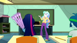 Size: 1280x720 | Tagged: safe, screencap, captain planet, princess celestia, principal celestia, sci-twi, twilight sparkle, eqg summertime shorts, equestria girls, subs rock, animation error, background human, classroom, confused, great moments in animation, hand, incorrect hand anatomy, ponytail, smear frame