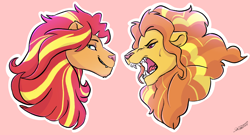 Size: 3530x1900 | Tagged: safe, artist:shimazun, adagio dazzle, sunset shimmer, big cat, lion, bust, duo, female, lesbian, lioness, lionified, open mouth, pink background, portrait, shipping, simple background, species swap, sunsagio