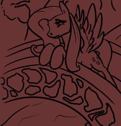 Size: 1112x1158 | Tagged: safe, artist:tempusfidgets, fluttershy, pegasus, pony, bridge, monochrome, reflective, sad, solo