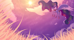 Size: 3840x2100 | Tagged: safe, artist:astralmelodia, princess celestia, alicorn, pony, cloud, crown, eyeshadow, flying, grass, jewelry, makeup, regalia, scenery, sky, solo, spread wings, sun, wings