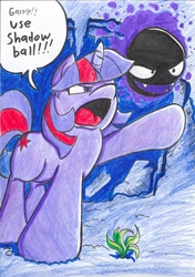 Size: 1645x2333 | Tagged: safe, artist:iyzeekiil, derpibooru import, twilight sparkle, crossover, gastly, pokémon, traditional art