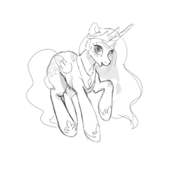 Size: 768x768 | Tagged: safe, artist:jus+ice, princess celestia, alicorn, pony, female, grayscale, mare, monochrome, simple background, sketch, smiling, solo, white background