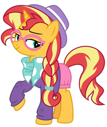 Size: 1024x1220 | Tagged: safe, alternate version, artist:emeraldblast63, sunset shimmer, pony, unicorn, fake it 'til you make it, clothes, fedora, female, glasses, hat, hipster, mare, scarf, shirt, shorts, simple background, solo, sweater, transparent background, vector