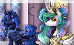 Size: 2400x1452 | Tagged: safe, artist:kikirdcz, princess celestia, princess luna, alicorn, pony, alternate design, armor, colored wings, crown, curved horn, eyeshadow, female, hoers, jewelry, makeup, mare, multicolored wings, regalia, royal sisters, sisters