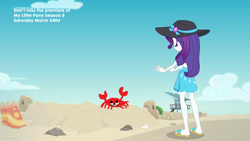 Size: 1920x1080 | Tagged: safe, artist:supra80, edit, edited screencap, screencap, rarity, crab, aww... baby turtles, better together, equestria girls, clothes, crab fighting a giant rarity, feet, flip-flops, hat, legs, meme, rarity fighting a giant crab, rarity fighting a regular sized crab, role reversal, ruins, sandals, sandcastle, spurdo spärde, swimsuit