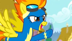 Size: 1280x720 | Tagged: safe, derpibooru import, screencap, spitfire, pegasus, newbie dash, clothes, female, goggles, solo, uniform, wings, wonderbolts, wonderbolts uniform