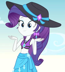 Size: 727x803 | Tagged: safe, screencap, rarity, better together, equestria girls, lost and found, belly button, clothes, cropped, cute, ear piercing, earring, female, geode of shielding, hat, jewelry, midriff, piercing, raribetes, sarong, solo, sun hat, swimsuit