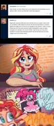 Size: 1280x2995 | Tagged: safe, artist:ask-sunpie, artist:wimsie, pinkie pie, sunset shimmer, human, ask, band shirt, blouse, clothes, comic, dialogue, door, door slam, dress, female, heart, humanized, lesbian, onomatopoeia, postcrush, screaming, shipping, sunsetpie, tumblr:ask sunpie