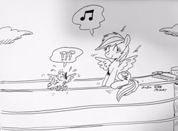 Size: 2804x2060 | Tagged: safe, artist:debmervin, derpibooru import, rainbow dash, bird, pegasus, pony, behaving like a bird, monochrome, music notes, telephone pole, traditional art