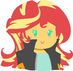 Size: 367x352 | Tagged: safe, artist:reiduran, sunset shimmer, equestria girls, beady eyes, bust, chibi, clothes, cute, female, jacket, lineless, portrait, shimmerbetes, simple background, smiling, solo, transparent background