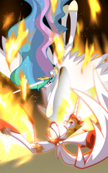 Size: 2200x3500 | Tagged: safe, artist:geraritydevillefort, daybreaker, princess celestia, alicorn, pony, a royal problem, duo, female, fire, flying, high res, mare