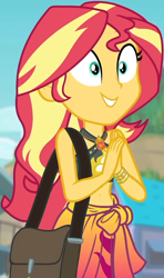 Size: 550x928 | Tagged: safe, screencap, sunset shimmer, better together, equestria girls, forgotten friendship, belly button, bikini, bikini top, blurry background, building, cliff, clothes, cloud, cropped, cute, female, forest background, geode of empathy, gold, hands together, jewelry, magical geodes, midriff, necklace, outdoors, sarong, shimmerbetes, shoulder bag, sky, sleeveless, smiling, solo, sun, swimsuit, wristband