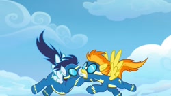 Size: 1280x720 | Tagged: safe, derpibooru import, screencap, soarin', spitfire, pegasus, the last problem, clothes, crash, female, goggles, male, stallion, uniform, wonderbolts, wonderbolts uniform