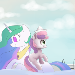 Size: 1000x1000 | Tagged: safe, artist:vanillaghosties, princess celestia, sweetie belle, alicorn, inflatable pony, pony, unicorn, cute, diasweetes, female, filly, floating, hat, inflatable, paper hat, pool toy, riding, smiling, solo, swimming pool, water