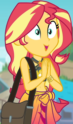 Size: 546x923 | Tagged: safe, screencap, sunset shimmer, better together, equestria girls, belly button, bikini, bikini top, blurry background, building, cliff, clothes, cloud, cropped, cute, female, forest background, geode of empathy, hands together, jewelry, magical geodes, midriff, necklace, sarong, shimmerbetes, shoulder bag, sky, sleeveless, smiling, solo, sun, swimsuit