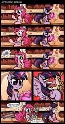 Size: 2000x3800 | Tagged: safe, artist:gray--day, derpibooru import, pinkie pie, twilight sparkle, twilight sparkle (alicorn), alicorn, earth pony, pony, abuse, book, chest fluff, comic, duo, duo female, ear fluff, female, glowing horn, literal, literal butthurt, literal minded, magic, mare, open mouth, ouch, pain, pain star, pliers, plot twist, pun, reading, smiling, telekinesis, tongue out, twilybuse