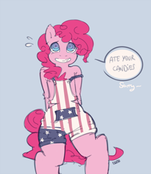 Size: 666x768 | Tagged: safe, artist:lumo, pinkie pie, pony, semi-anthro, bipedal, overalls, patriotic, solo