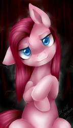 Size: 1552x2690 | Tagged: safe, artist:scarlet-spectrum, pinkie pie, earth pony, pony, cute, cuteamena, looking at you, pinkamena diane pie, signature, sitting, solo