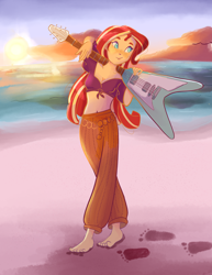 Size: 2550x3300 | Tagged: safe, artist:pettypop, sunset shimmer, equestria girls, barefoot, beach, belly button, breasts, cleavage, electric guitar, feet, female, flying v, footprints, freckles, guitar, musical instrument, ocean, solo, sunset, toes, water