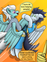 Size: 3024x4032 | Tagged: safe, artist:tacomytaco, derpibooru import, fleetfoot, soarin', spitfire, pegasus, pony, comic:wedgiebolts academy, briefs, clothes, comic, flying, frontal wedgie, gradient background, gritted teeth, offscreen character, pain, shirt, shorts, speech bubble, spread wings, text, underwear, wedgie, wing hands, wings
