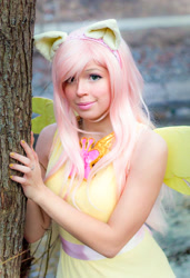 Size: 640x933 | Tagged: safe, artist:tinemarieriis, fluttershy, human, clothes, cosplay, costume, element of kindness, irl, irl human, photo, solo, tree