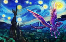 Size: 1200x776 | Tagged: dead source, safe, artist:viwrastupr, derpibooru import, twilight sparkle, twilight sparkle (alicorn), alicorn, pony, female, fine art parody, flying, impossibly large wings, mare, moon, night, scenery, solo, starry night, stars, the starry night, vincent van gogh