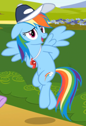 Size: 428x625 | Tagged: safe, derpibooru import, edit, edited screencap, screencap, rainbow dash, pegasus, pony, hurricane fluttershy, /mlp/, belly button, cap, coach rainbow dash, cropped, cute, dashabetes, flying, hat, solo, whistle, whistle necklace, wings