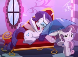 Size: 1200x880 | Tagged: safe, artist:bluse, rarity, sweetie belle, pony, unicorn, acne, crying, duo, fainting couch, female, filly, makeup, mare, marshmelodrama, mascarity, ocular gushers, pimple, running makeup, show accurate, sisters, the worst possible thing, umbrella, whining, window