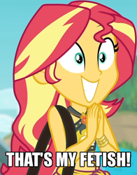 Size: 550x700 | Tagged: safe, edit, edited screencap, screencap, sunset shimmer, better together, equestria girls, forgotten friendship, belly button, bikini, bikini top, blurry background, building, caption, cliff, clothes, cloud, cropped, cute, female, forest background, geode of empathy, gold, hands together, image macro, jewelry, magical geodes, midriff, necklace, outdoors, sarong, shimmerbetes, shoulder bag, sky, smiling, solo, sun, swimsuit, text, that is my fetish, wristband