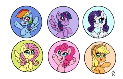 Size: 1280x820 | Tagged: safe, artist:dawn-designs-art, derpibooru import, applejack, fluttershy, pinkie pie, rainbow dash, rarity, twilight sparkle, twilight sparkle (alicorn), alicorn, earth pony, pegasus, pony, unicorn, badge, circle, group, mane six, simple background, white background