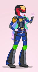 Size: 526x1000 | Tagged: safe, artist:pixelkitties, princess celestia, principal celestia, phoenix, equestria girls, armor, badge, clothes, costume, female, gradient background, helmet, i am the law, it begins, judge dredd, judge dreddlestia, parody, solo, symbol, we couldn't fit it all in, welcome princess celest