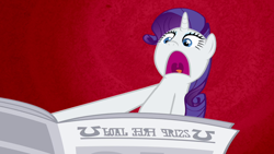 Size: 1280x720 | Tagged: safe, screencap, rarity, pony, unicorn, ponyville confidential, foal free press, i'll destroy her, newspaper, solo