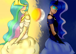 Size: 2000x1440 | Tagged: safe, artist:crazysurprise, princess celestia, princess luna, human, base used, clothes, dress, humanized, royal sisters