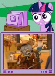 Size: 563x771 | Tagged: safe, derpibooru import, twilight sparkle, exploitable meme, meme, mr. meaty, obligatory pony, special eyes, tv meme